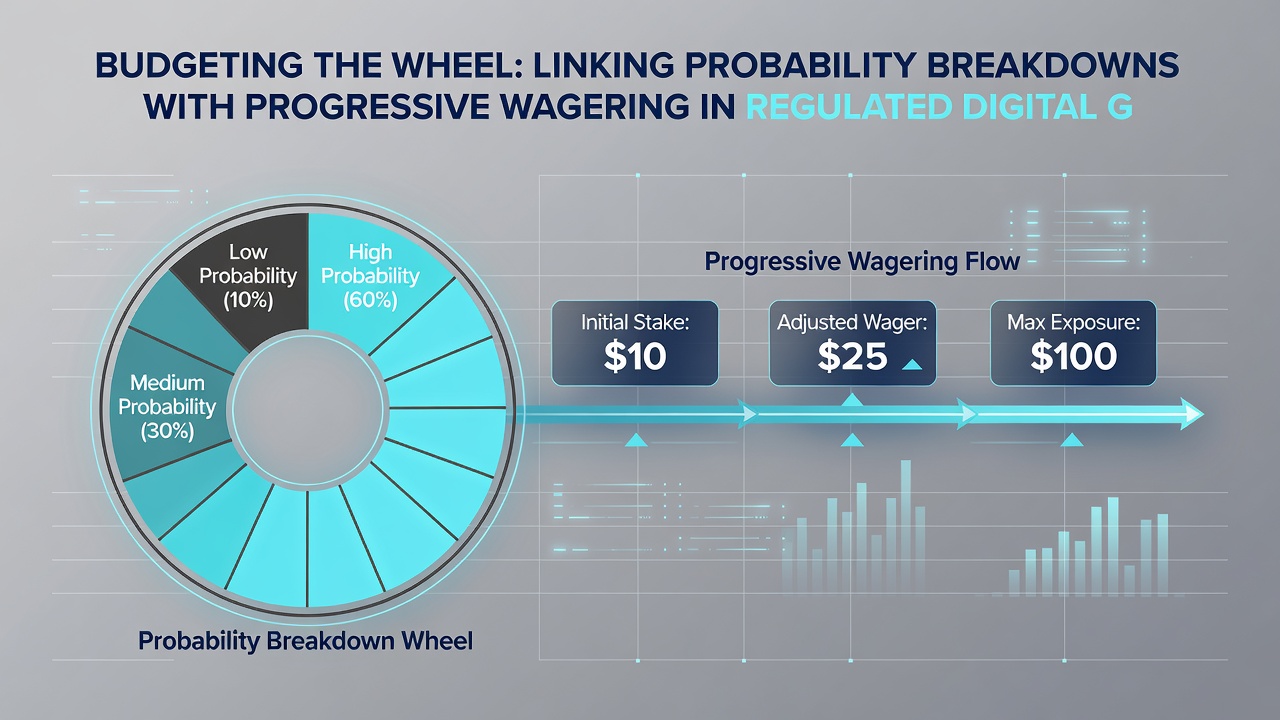 Screenshot of a regulated digital gaming dashboard displaying probability charts next to progressive bet escalation controls