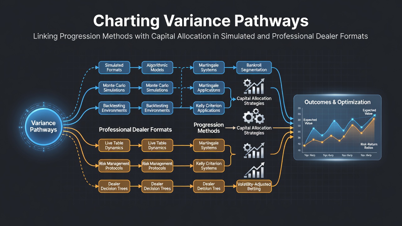 Visualization of variance pathways connecting progression methods to capital allocation strategies in roulette simulations and live dealer environments