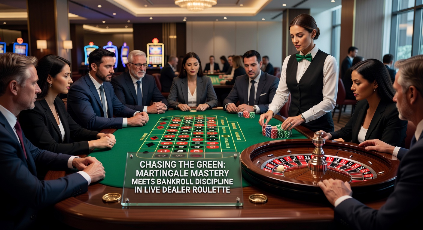Live dealer roulette table with spinning wheel and chips stacked strategically, capturing the tension of a Martingale progression in action