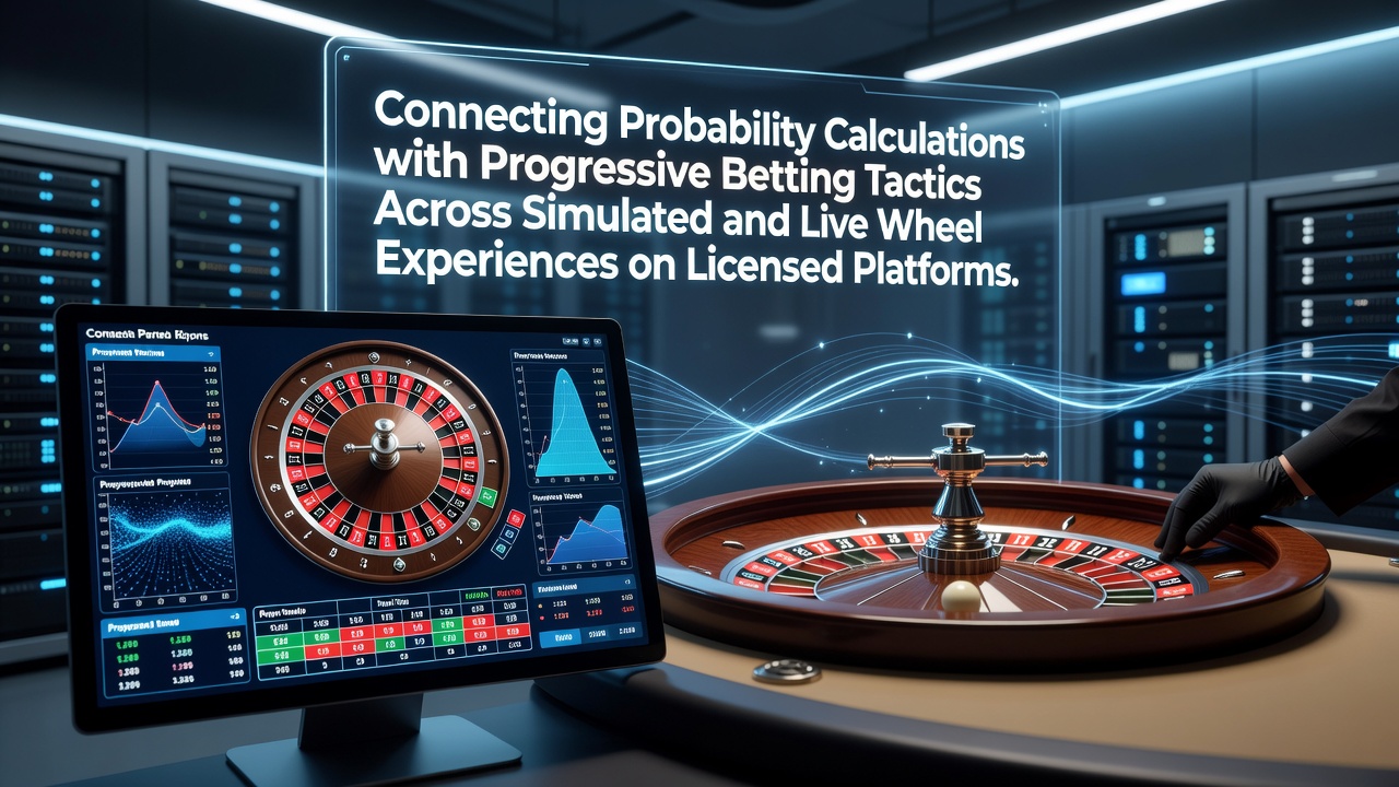 Roulette wheel with probability charts overlay showing connections between calculations and betting progression