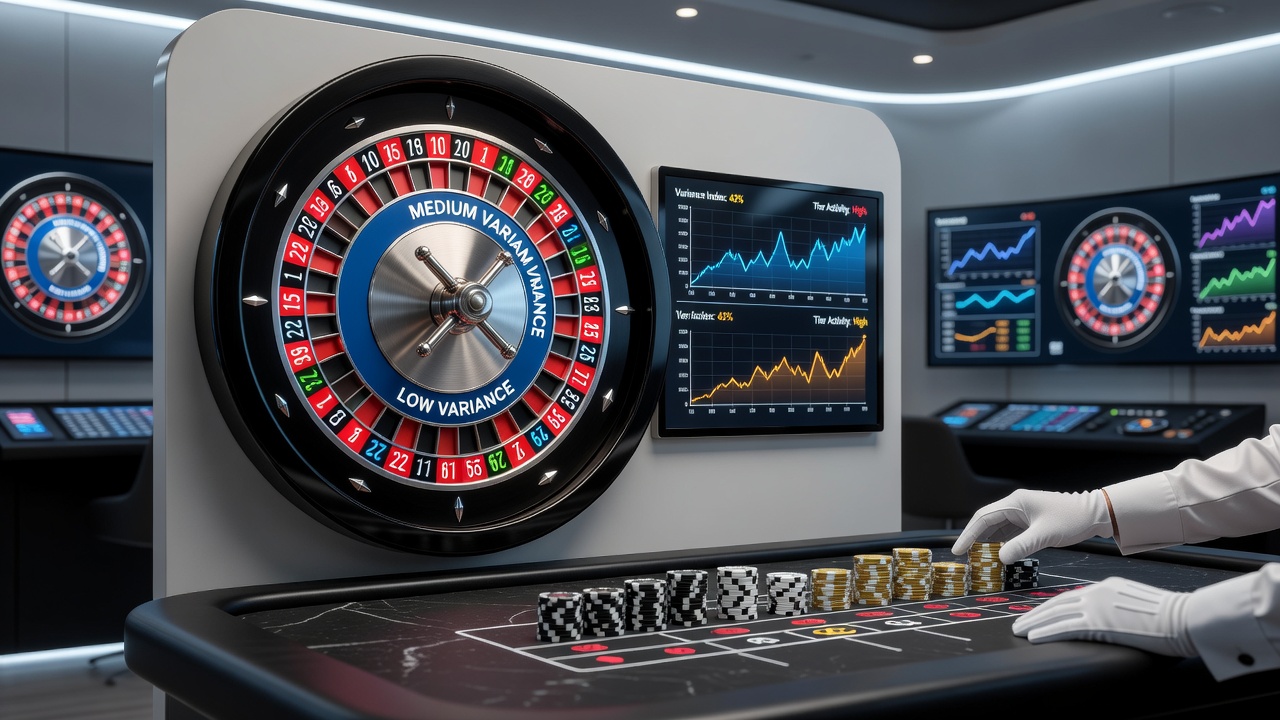 Diagram illustrating tiered betting levels applied to a live roulette wheel with variance indicators
