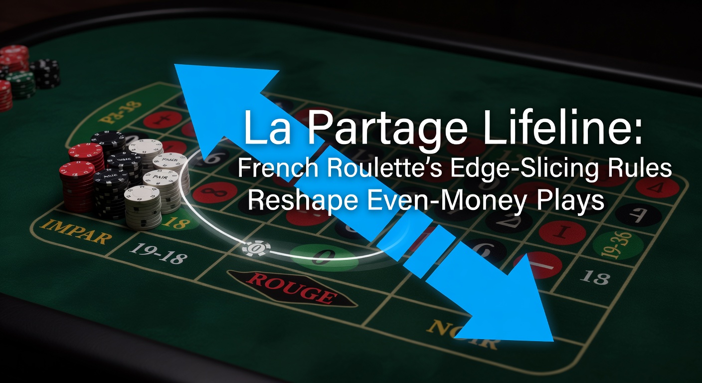 French roulette table with La Partage rule highlighted on even-money betting sections, showing the wheel and layout under casino lights