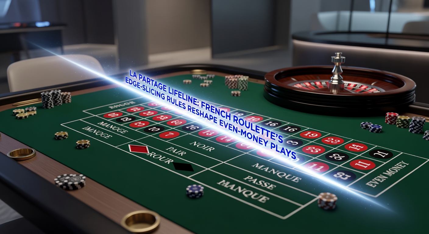 Close-up of a French roulette wheel landing on zero, with even-money chips on the layout and La Partage payout demonstrated