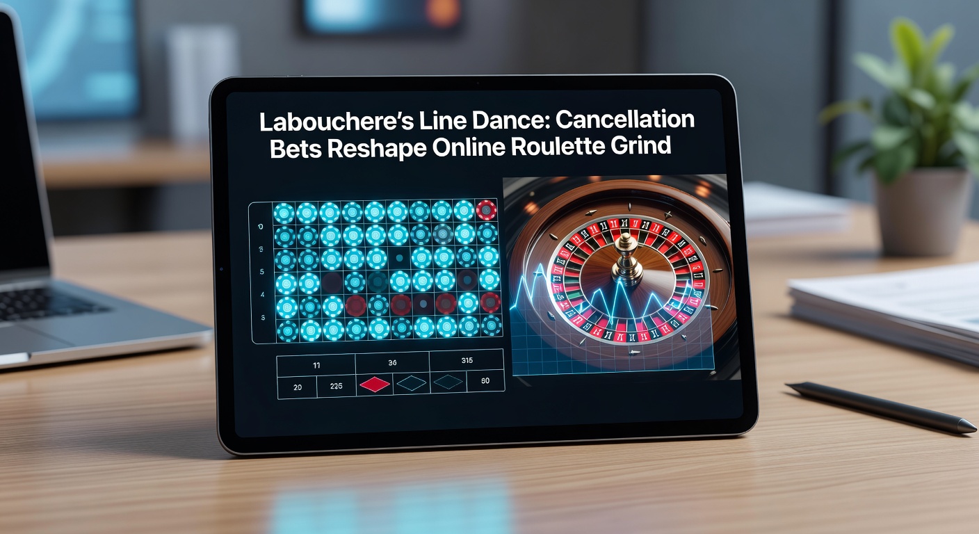 Digital roulette table displaying a Labouchere betting sequence on a notepad amid spinning wheel action