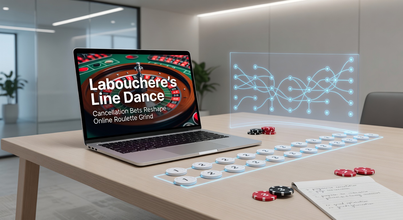 Close-up of a Labouchere strategy chart on a laptop screen next to a live online roulette interface showing recent even-money bets