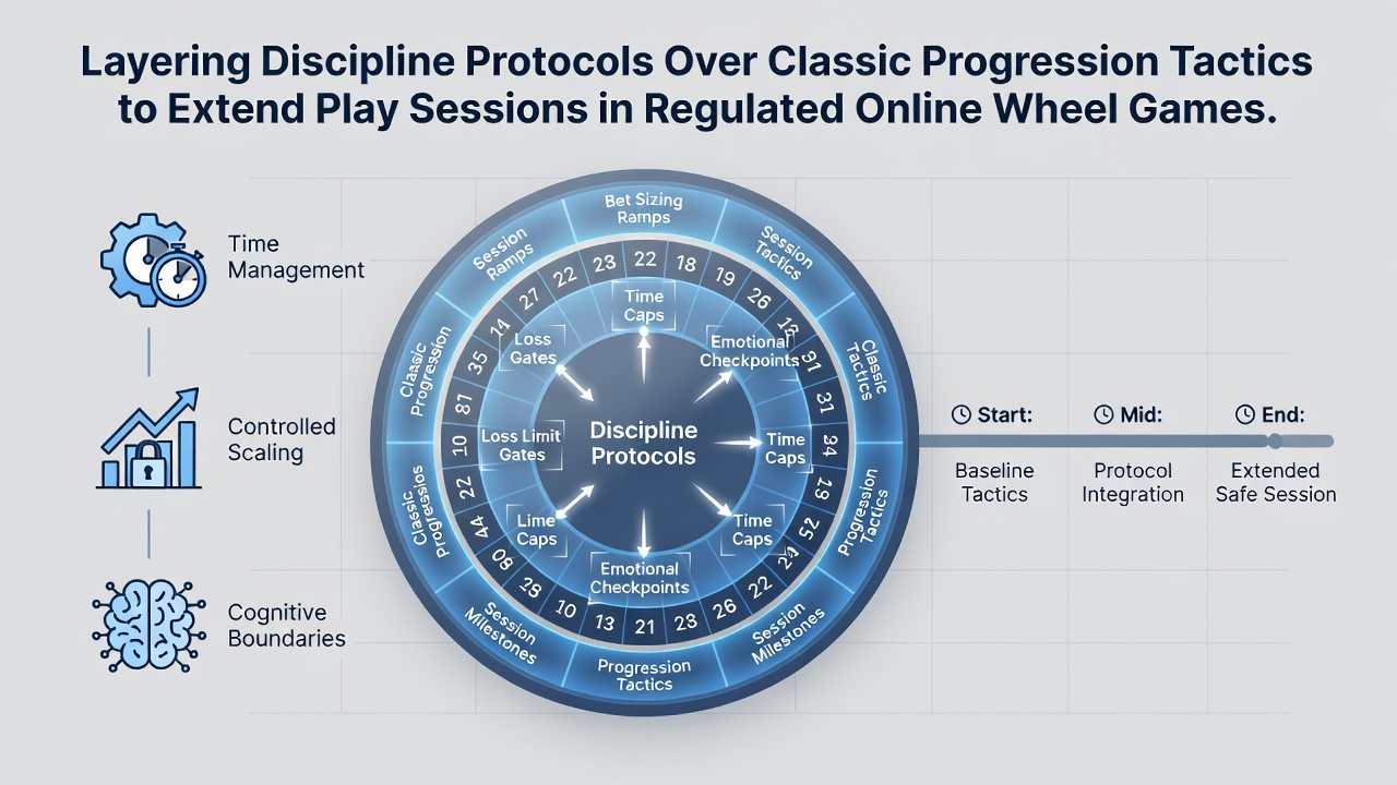 Diagram showing layered betting discipline protocols overlaid on classic progression tactics for online wheel games