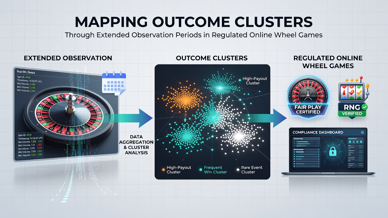 Analytical dashboard displaying cluster mapping results from long-term observation of regulated wheel game outcomes