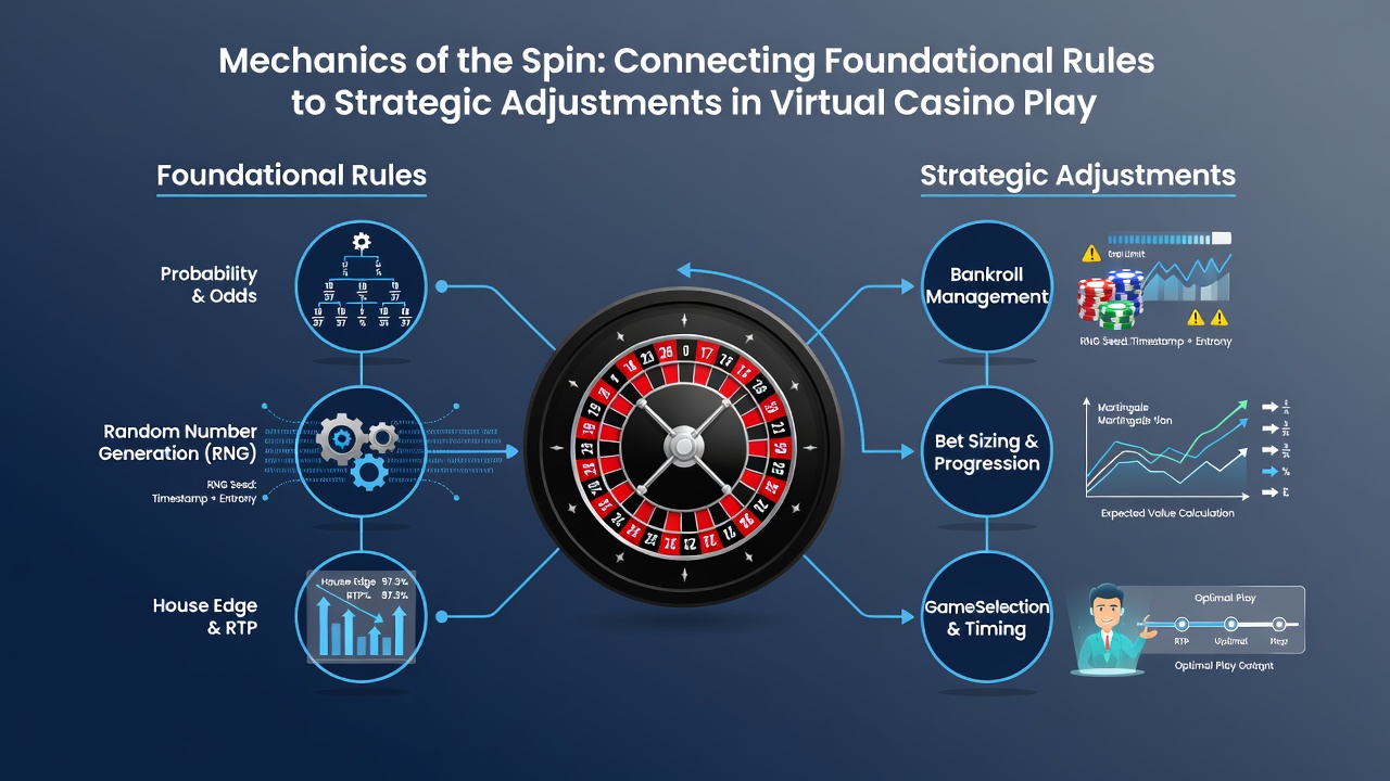 Split image comparing physical roulette wheel mechanics with virtual RNG interface displays