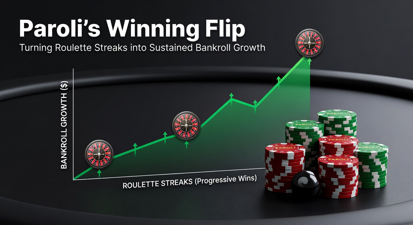 Graph charting Paroli progression curves against flat betting, showing exponential growth during win streaks on a roulette table backdrop