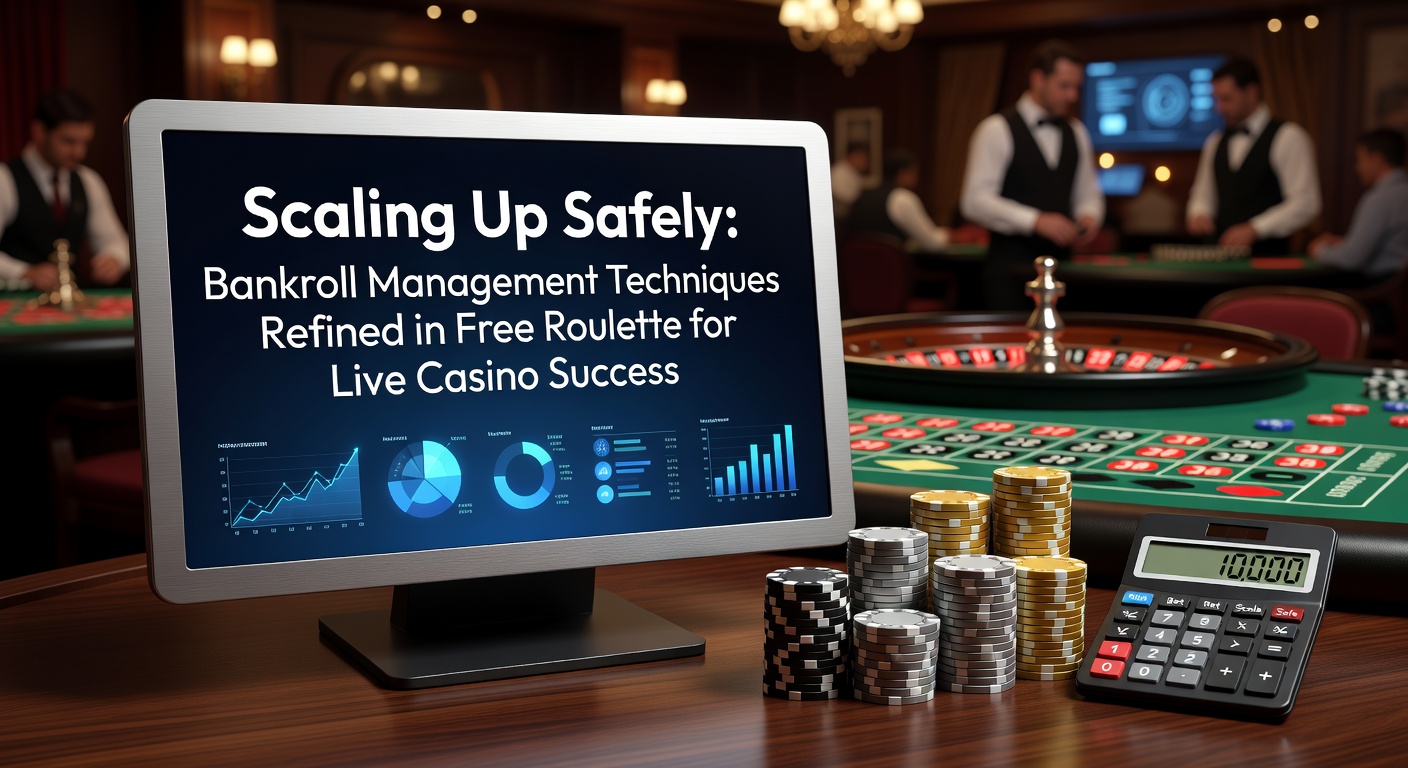 A digital roulette wheel spinning in free play mode, with bankroll charts overlayed showing steady growth curves