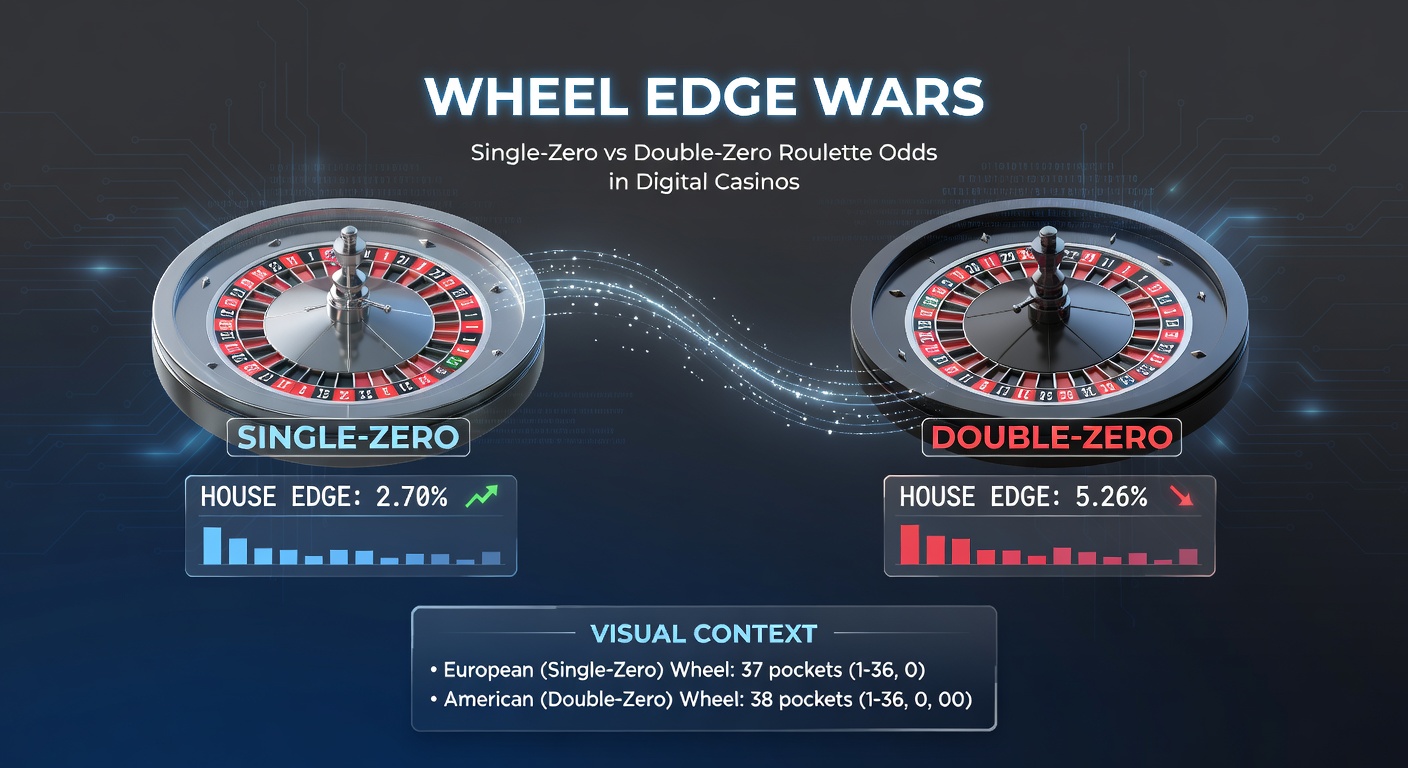 Split-screen comparison of a double-zero American roulette wheel and a single-zero European wheel, showing the additional 00 pocket and overall layout differences